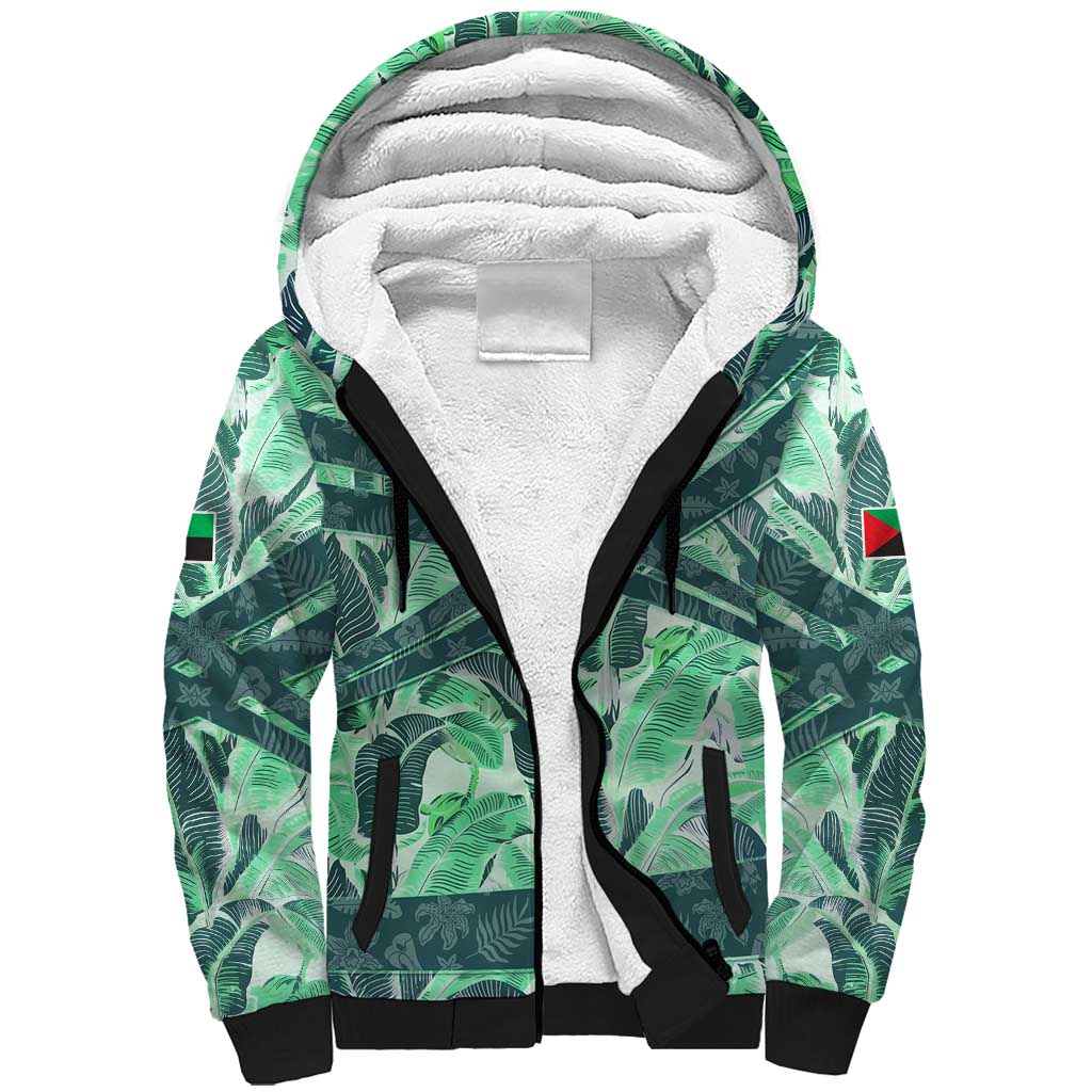 Martinique Pride Sherpa Hoodie with Green Banana Leaf Print and Flag Patch Accents