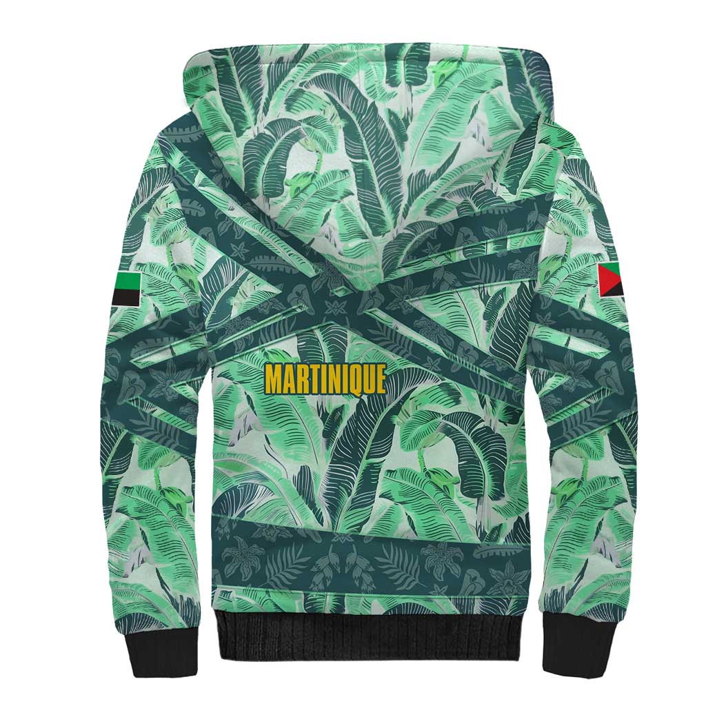 Martinique Pride Sherpa Hoodie with Green Banana Leaf Print and Flag Patch Accents