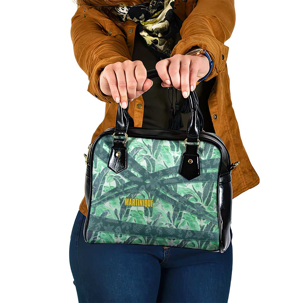 Martinique Pride Shoulder Handbag with Green Banana Leaf Print and Flag Patch Accents