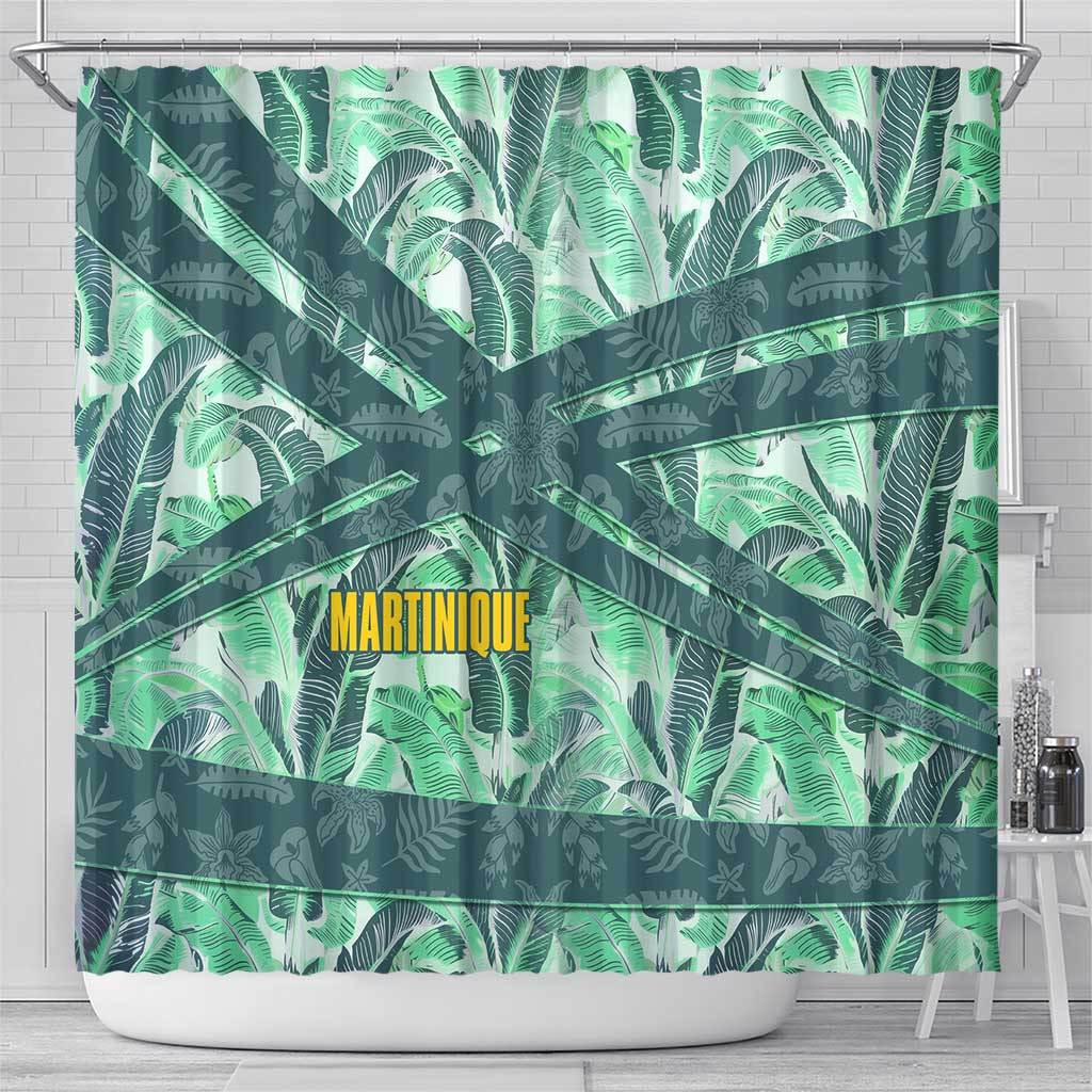 Martinique Pride Shower Curtain with Green Banana Leaf Print and Flag Patch Accents