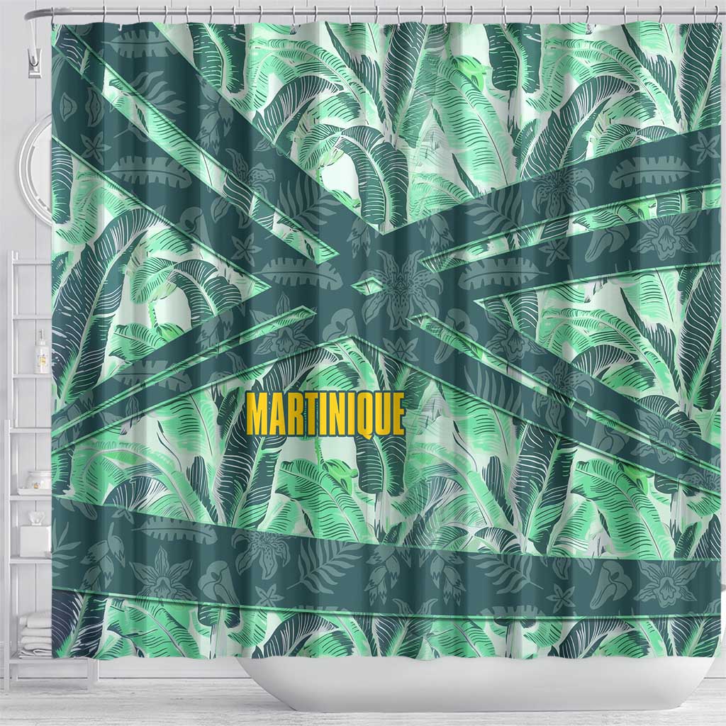 Martinique Pride Shower Curtain with Green Banana Leaf Print and Flag Patch Accents