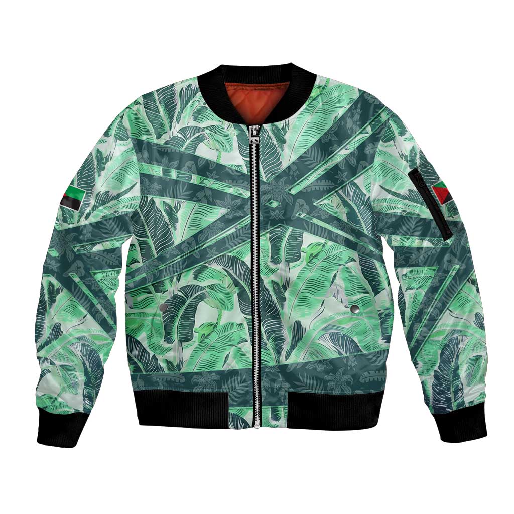 Martinique Pride Sleeve Zip Bomber Jacket with Green Banana Leaf Print and Flag Patch Accents
