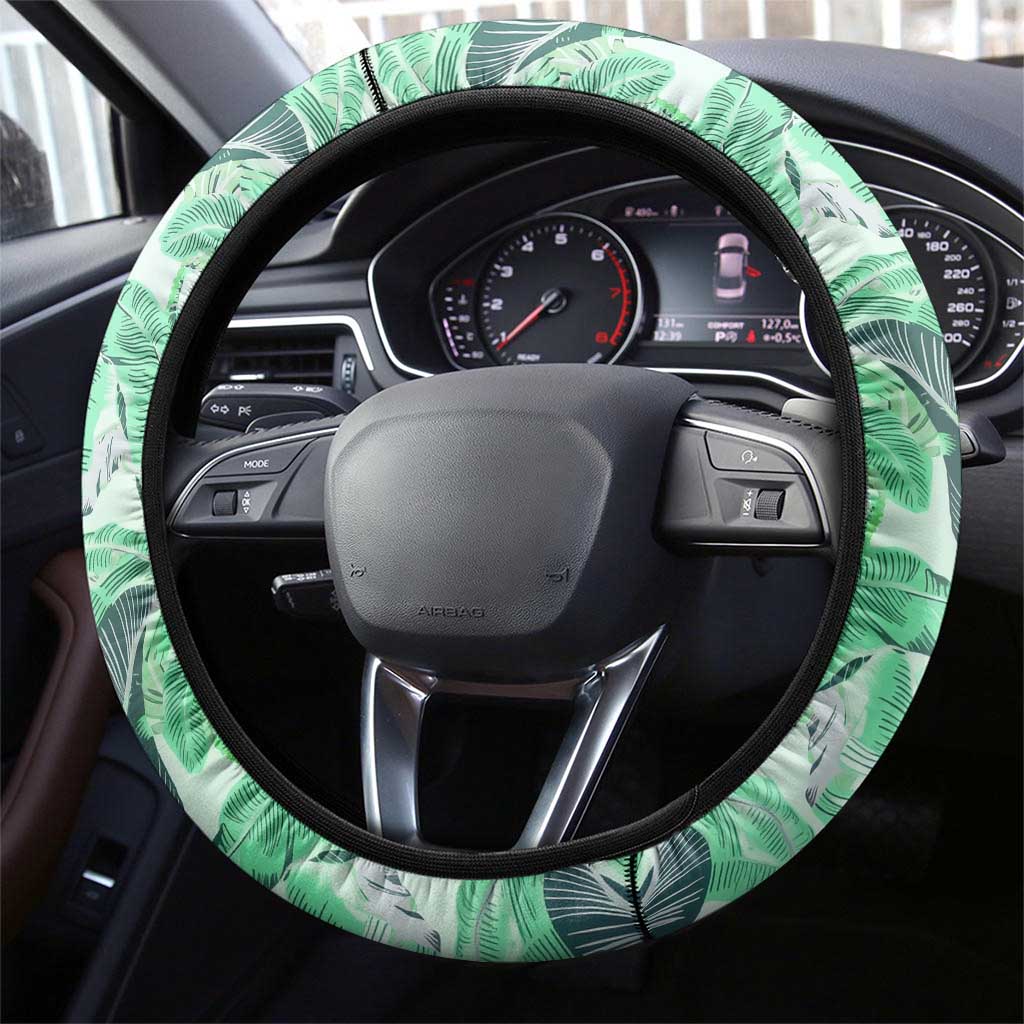 Martinique Pride Steering Wheel Cover with Green Banana Leaf Print and Flag Patch Accents