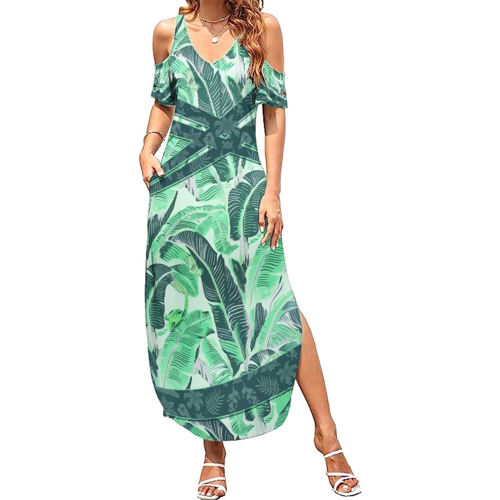 Martinique Pride Summer Maxi Dress with Green Banana Leaf Print and Flag Patch Accents