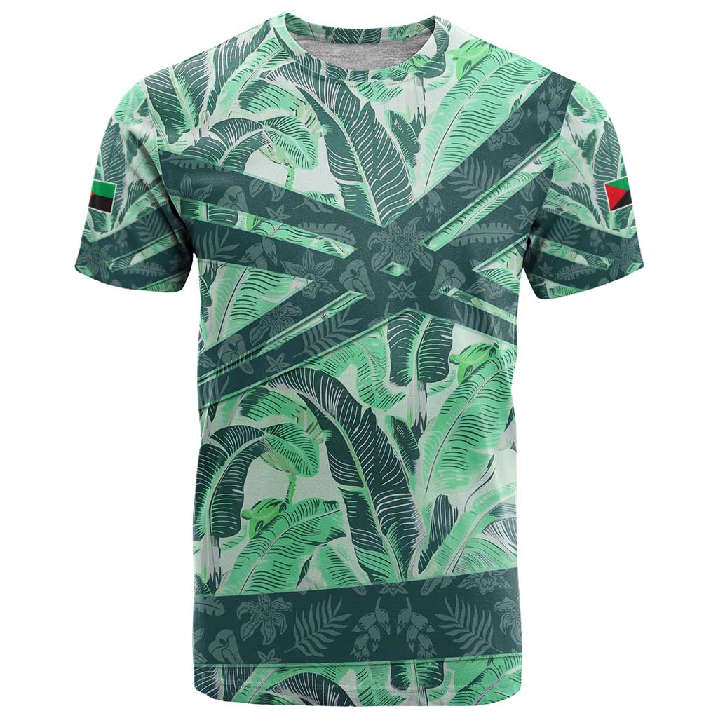 Martinique Pride T Shirt with Green Banana Leaf Print and Flag Patch Accents