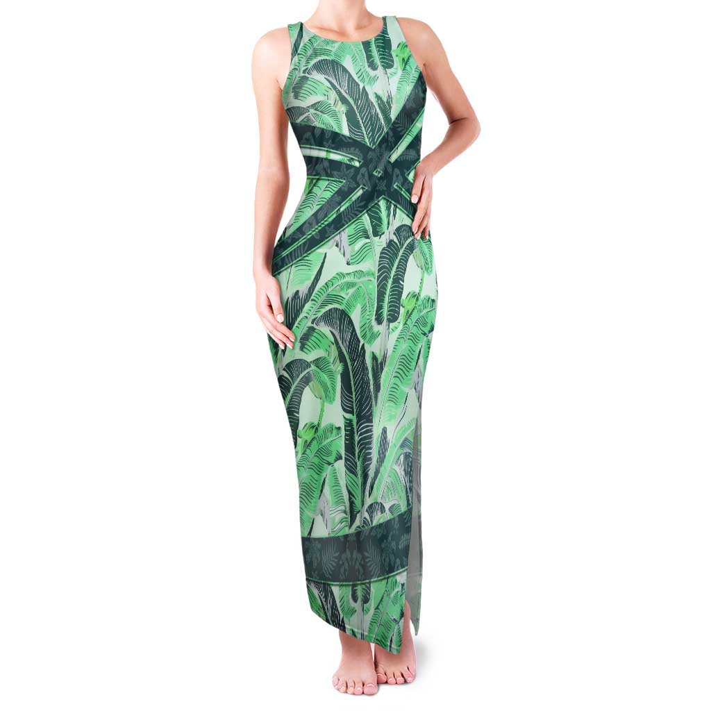 Martinique Pride Tank Maxi Dress with Green Banana Leaf Print and Flag Patch Accents