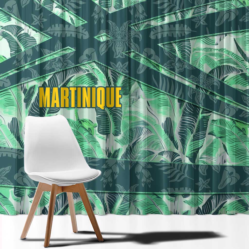 Martinique Pride Window Curtain with Green Banana Leaf Print and Flag Patch Accents