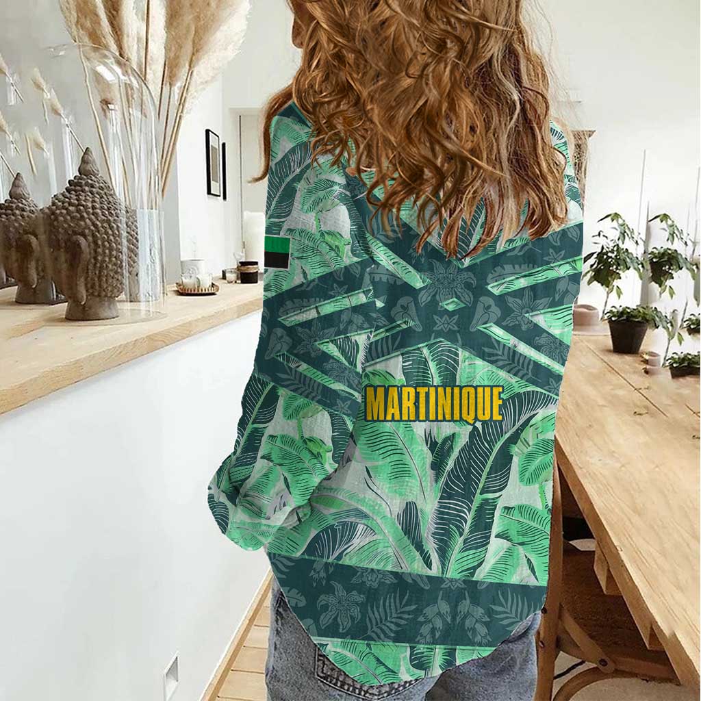 Martinique Pride Women Casual Shirt with Green Banana Leaf Print and Flag Patch Accents