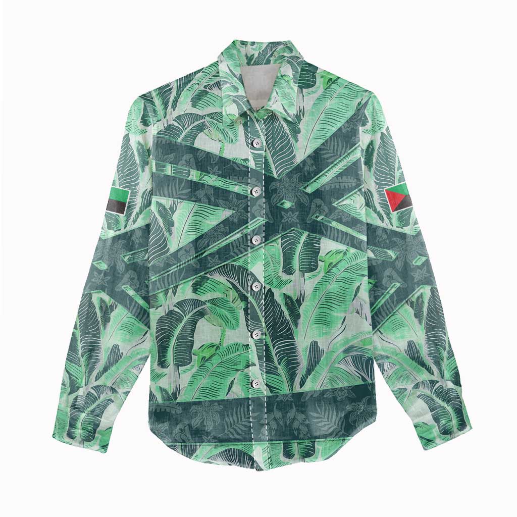 Martinique Pride Women Casual Shirt with Green Banana Leaf Print and Flag Patch Accents