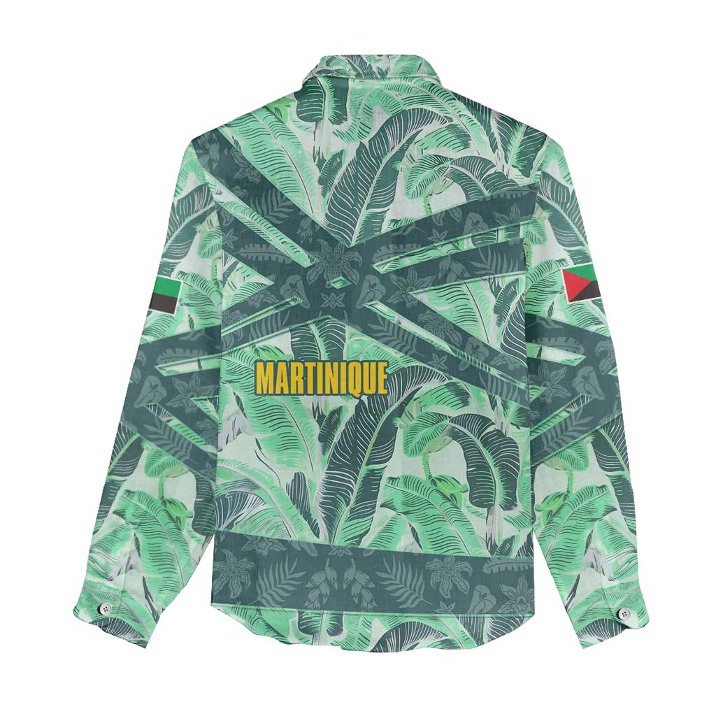 Martinique Pride Women Casual Shirt with Green Banana Leaf Print and Flag Patch Accents