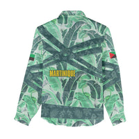 Martinique Pride Women Casual Shirt with Green Banana Leaf Print and Flag Patch Accents