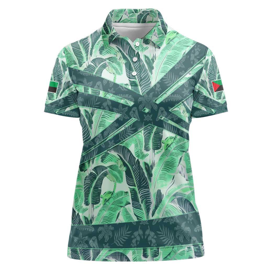 Martinique Pride Women Polo Shirt with Green Banana Leaf Print and Flag Patch Accents