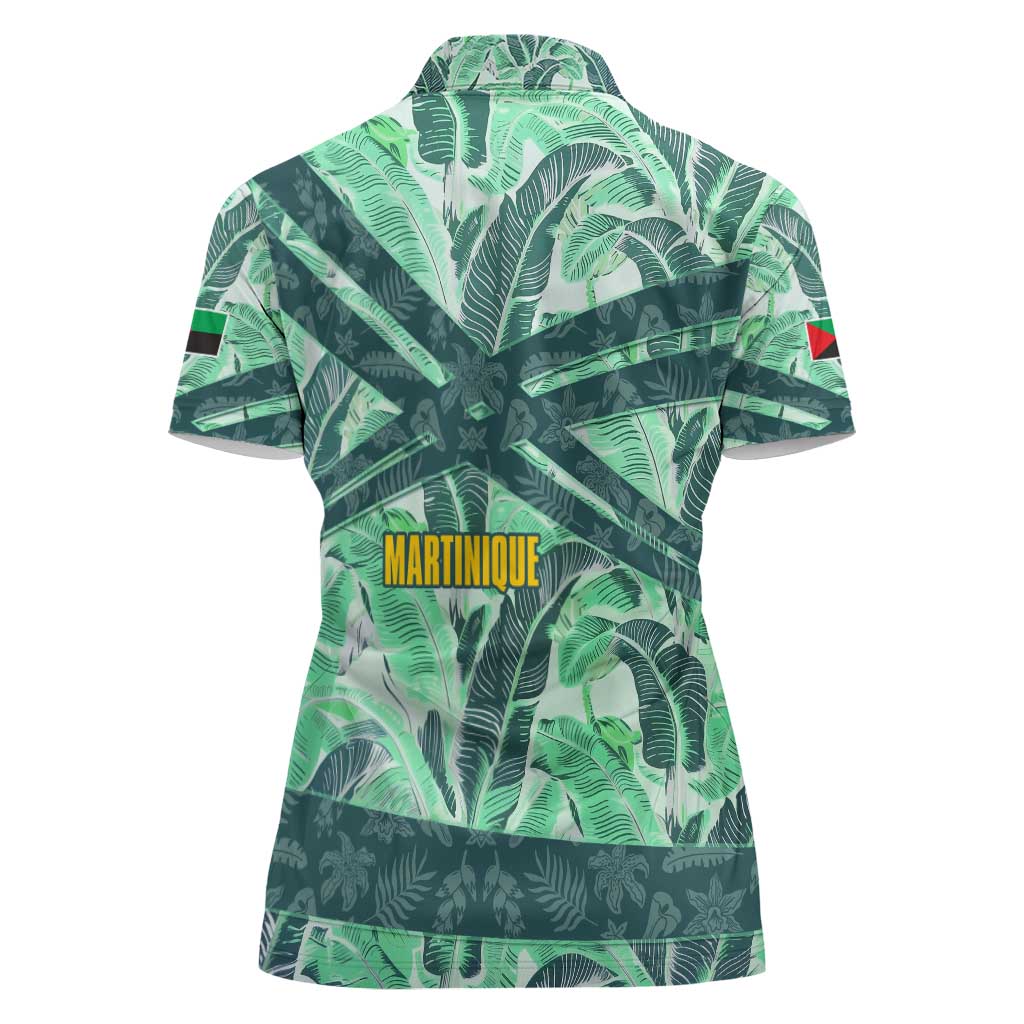 Martinique Pride Women Polo Shirt with Green Banana Leaf Print and Flag Patch Accents