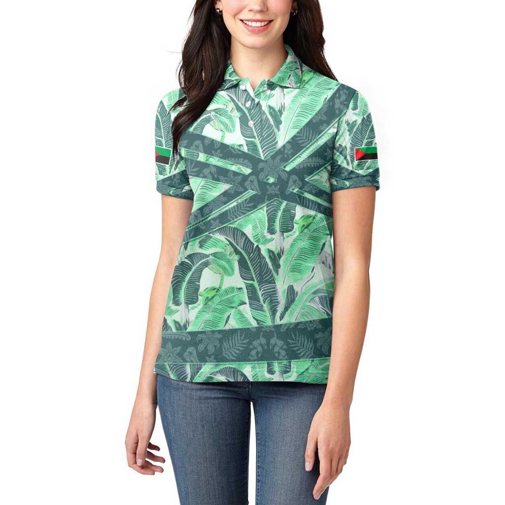 Martinique Pride Women Polo Shirt with Green Banana Leaf Print and Flag Patch Accents