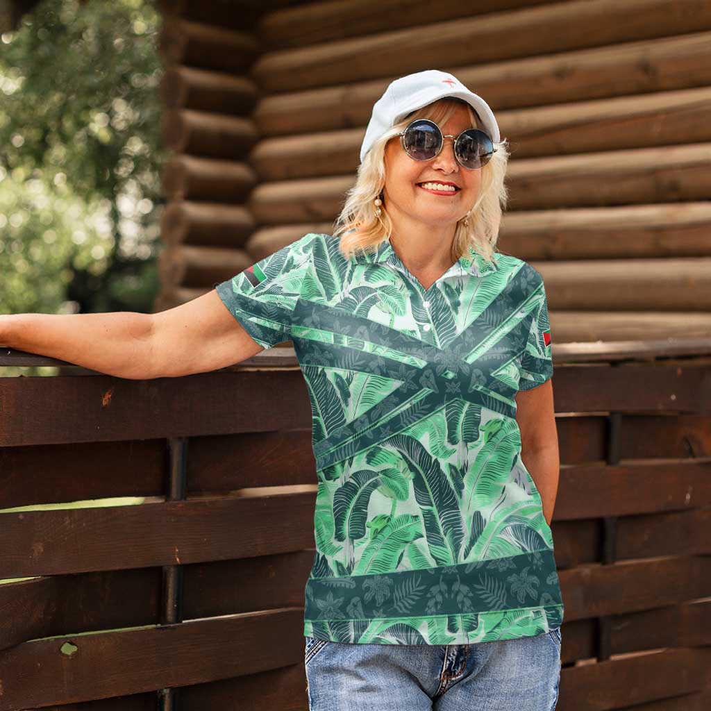 Martinique Pride Women Polo Shirt with Green Banana Leaf Print and Flag Patch Accents