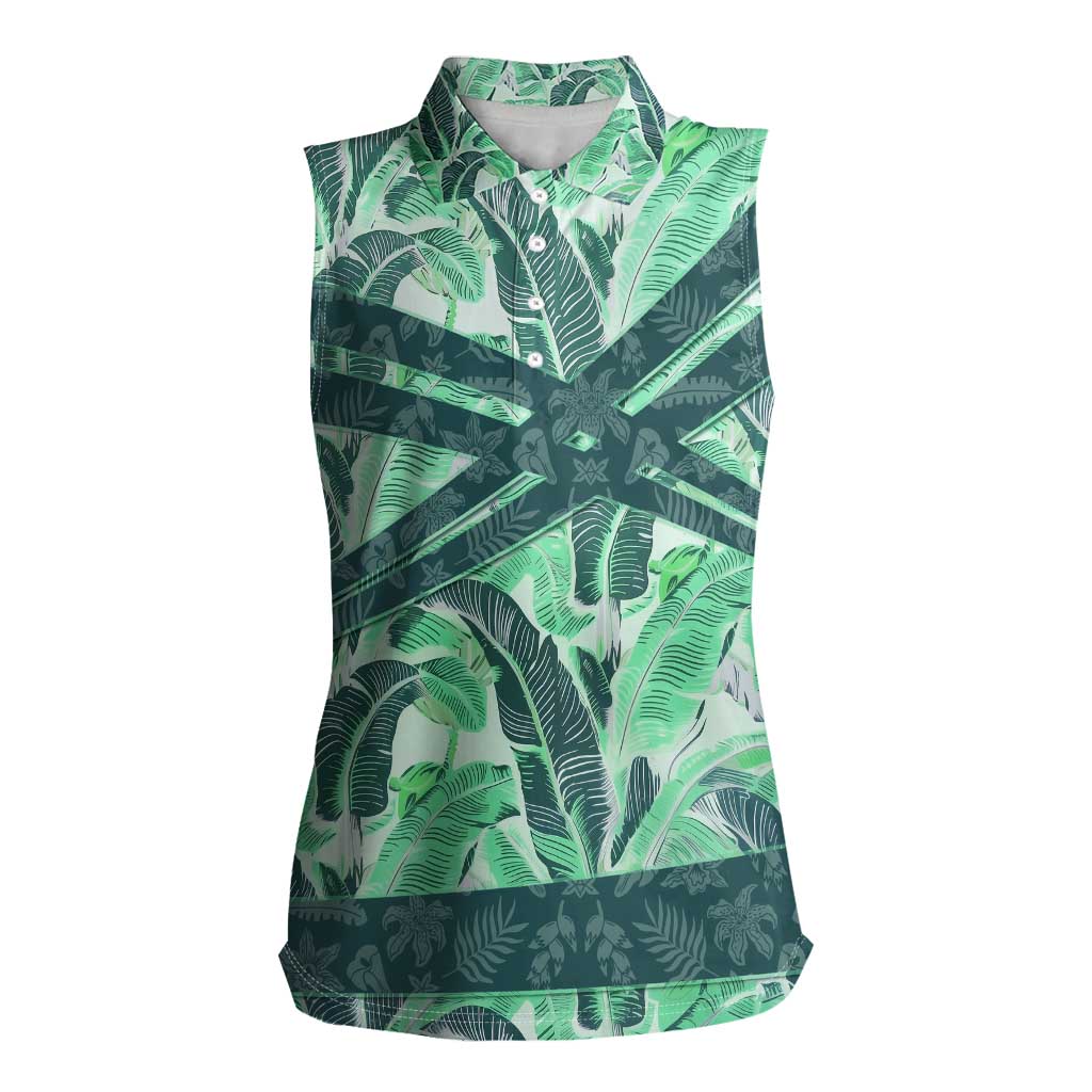 Martinique Pride Women Sleeveless Polo Shirt with Green Banana Leaf Print and Flag Patch Accents