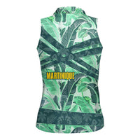 Martinique Pride Women Sleeveless Polo Shirt with Green Banana Leaf Print and Flag Patch Accents