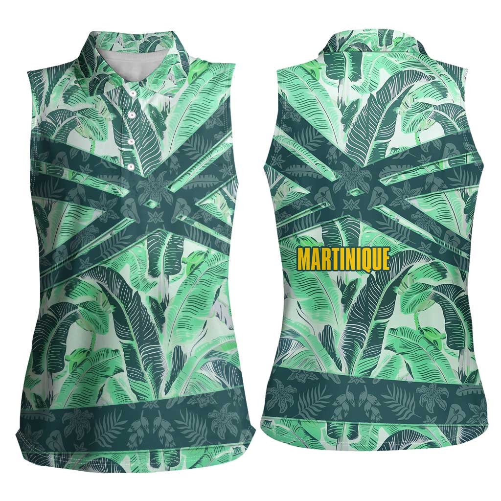 Martinique Pride Women Sleeveless Polo Shirt with Green Banana Leaf Print and Flag Patch Accents