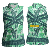 Martinique Pride Women Sleeveless Polo Shirt with Green Banana Leaf Print and Flag Patch Accents
