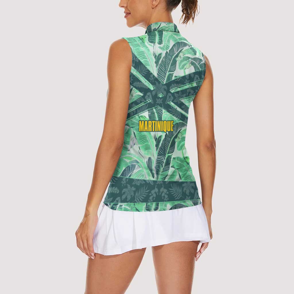 Martinique Pride Women Sleeveless Polo Shirt with Green Banana Leaf Print and Flag Patch Accents