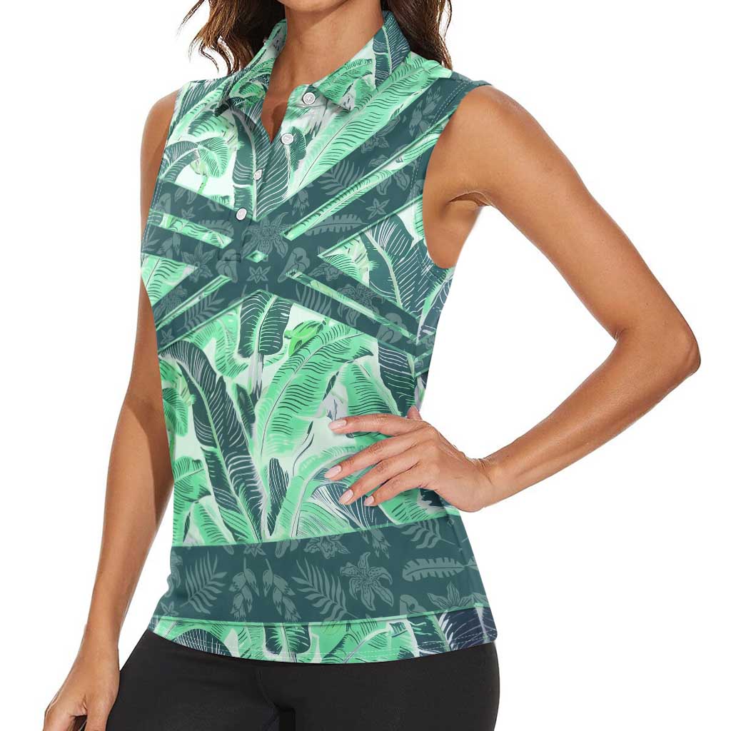 Martinique Pride Women Sleeveless Polo Shirt with Green Banana Leaf Print and Flag Patch Accents