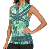 Martinique Pride Women Sleeveless Polo Shirt with Green Banana Leaf Print and Flag Patch Accents