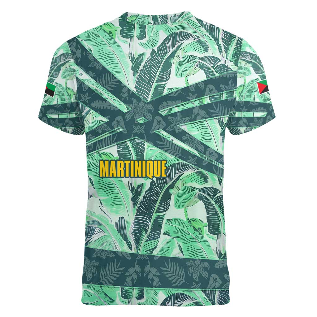 Martinique Pride Women V-Neck T-Shirt with Green Banana Leaf Print and Flag Patch Accents