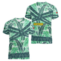 Martinique Pride Women V-Neck T-Shirt with Green Banana Leaf Print and Flag Patch Accents
