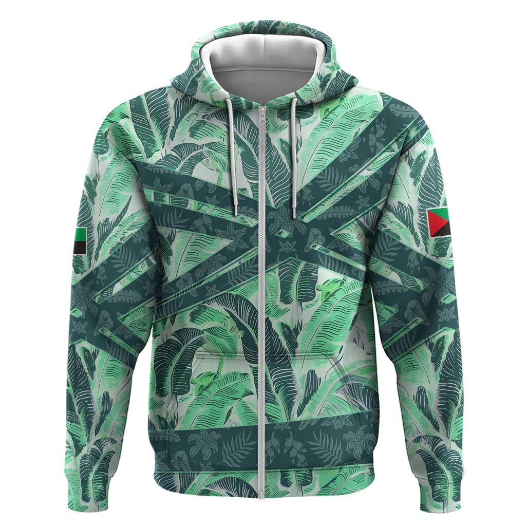 Martinique Pride Zip Hoodie with Green Banana Leaf Print and Flag Patch Accents