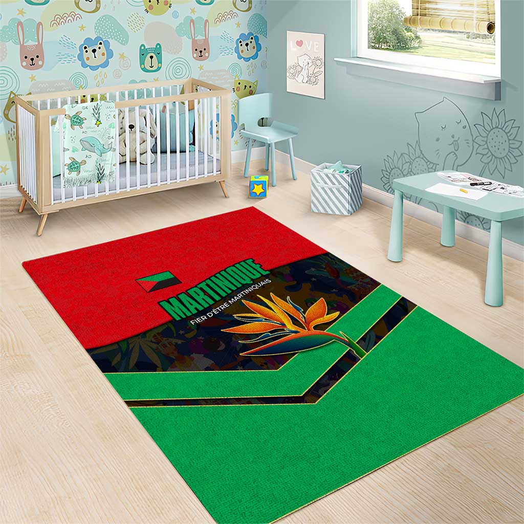 Martinique Pride Area Rug with Red Green Design and Tropical Bird of Paradise Flower