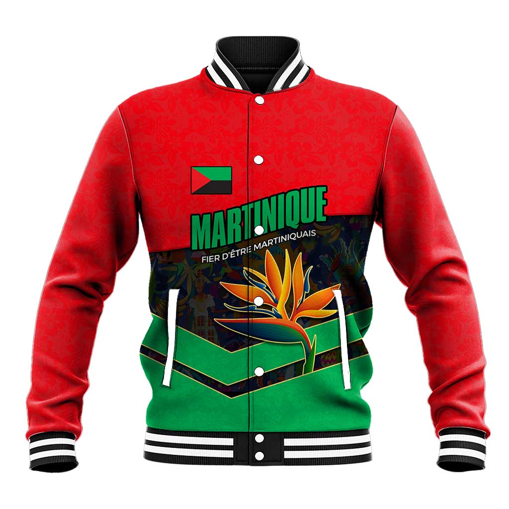 Martinique Pride Baseball Jacket with Red Green Design and Tropical Bird of Paradise Flower