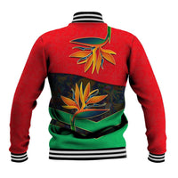 Martinique Pride Baseball Jacket with Red Green Design and Tropical Bird of Paradise Flower