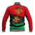 Martinique Pride Baseball Jacket with Red Green Design and Tropical Bird of Paradise Flower