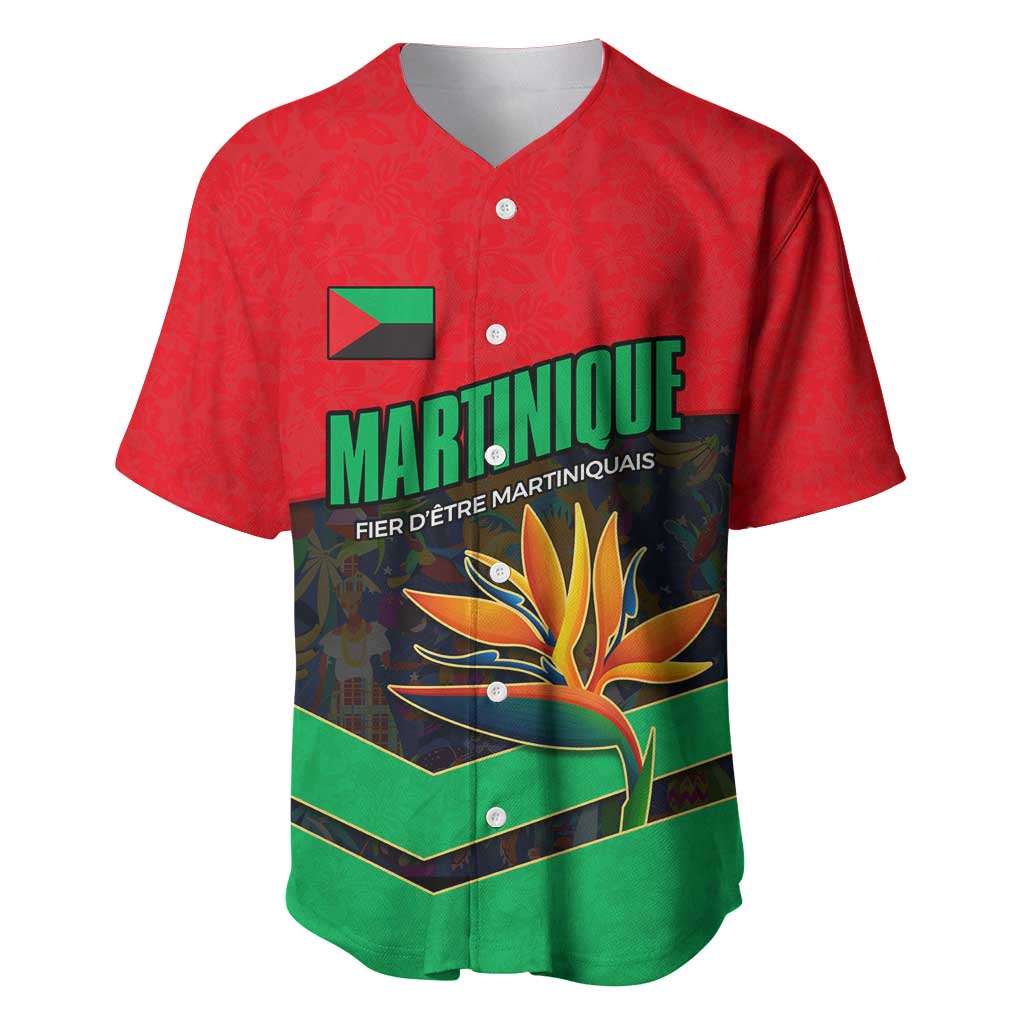 Martinique Pride Baseball Jersey with Red Green Design and Tropical Bird of Paradise Flower