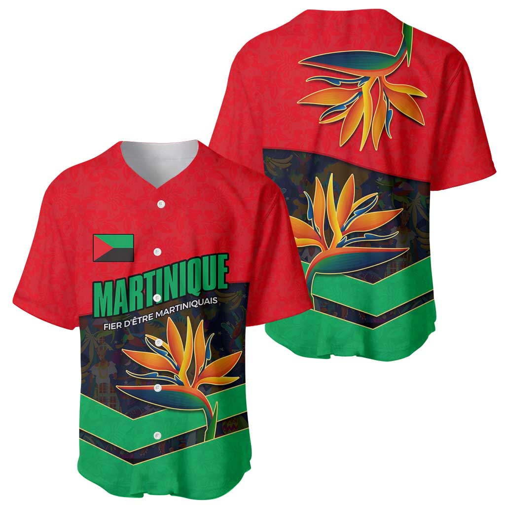 Martinique Pride Baseball Jersey with Red Green Design and Tropical Bird of Paradise Flower