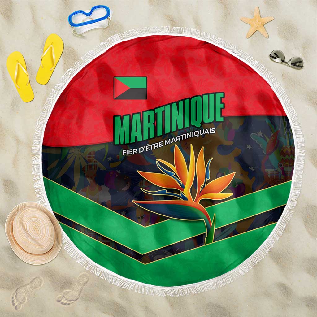 Martinique Pride Beach Blanket with Red Green Design and Tropical Bird of Paradise Flower