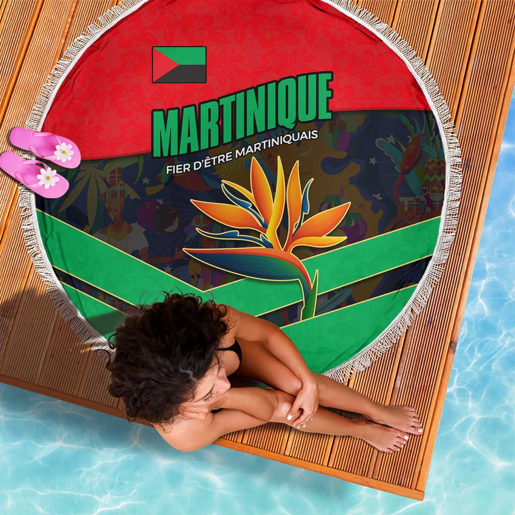Martinique Pride Beach Blanket with Red Green Design and Tropical Bird of Paradise Flower