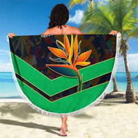Martinique Pride Beach Blanket with Red Green Design and Tropical Bird of Paradise Flower