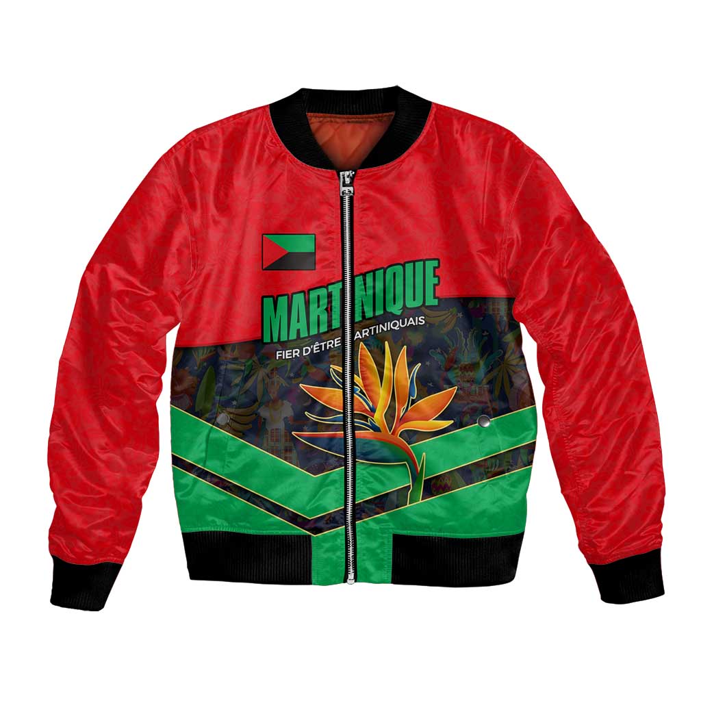 Martinique Pride Bomber Jacket with Red Green Design and Tropical Bird of Paradise Flower