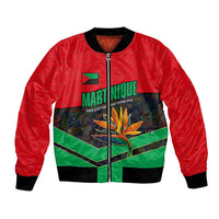 Martinique Pride Bomber Jacket with Red Green Design and Tropical Bird of Paradise Flower