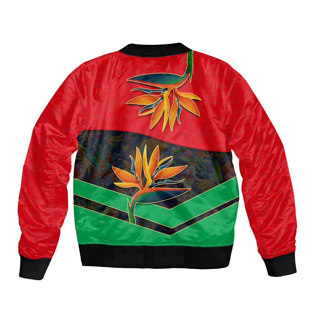 Martinique Pride Bomber Jacket with Red Green Design and Tropical Bird of Paradise Flower