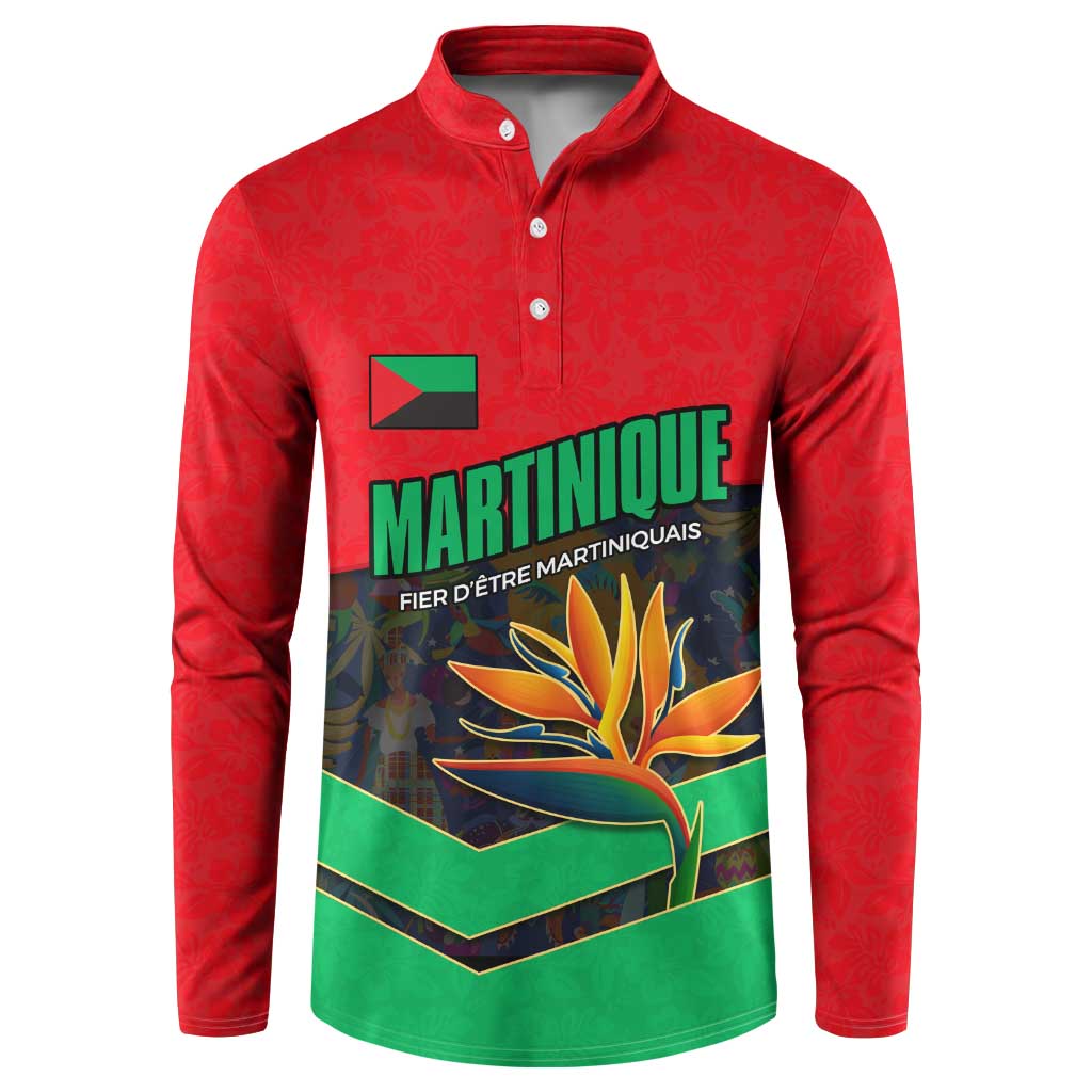 Martinique Pride Button Sweatshirt with Red Green Design and Tropical Bird of Paradise Flower