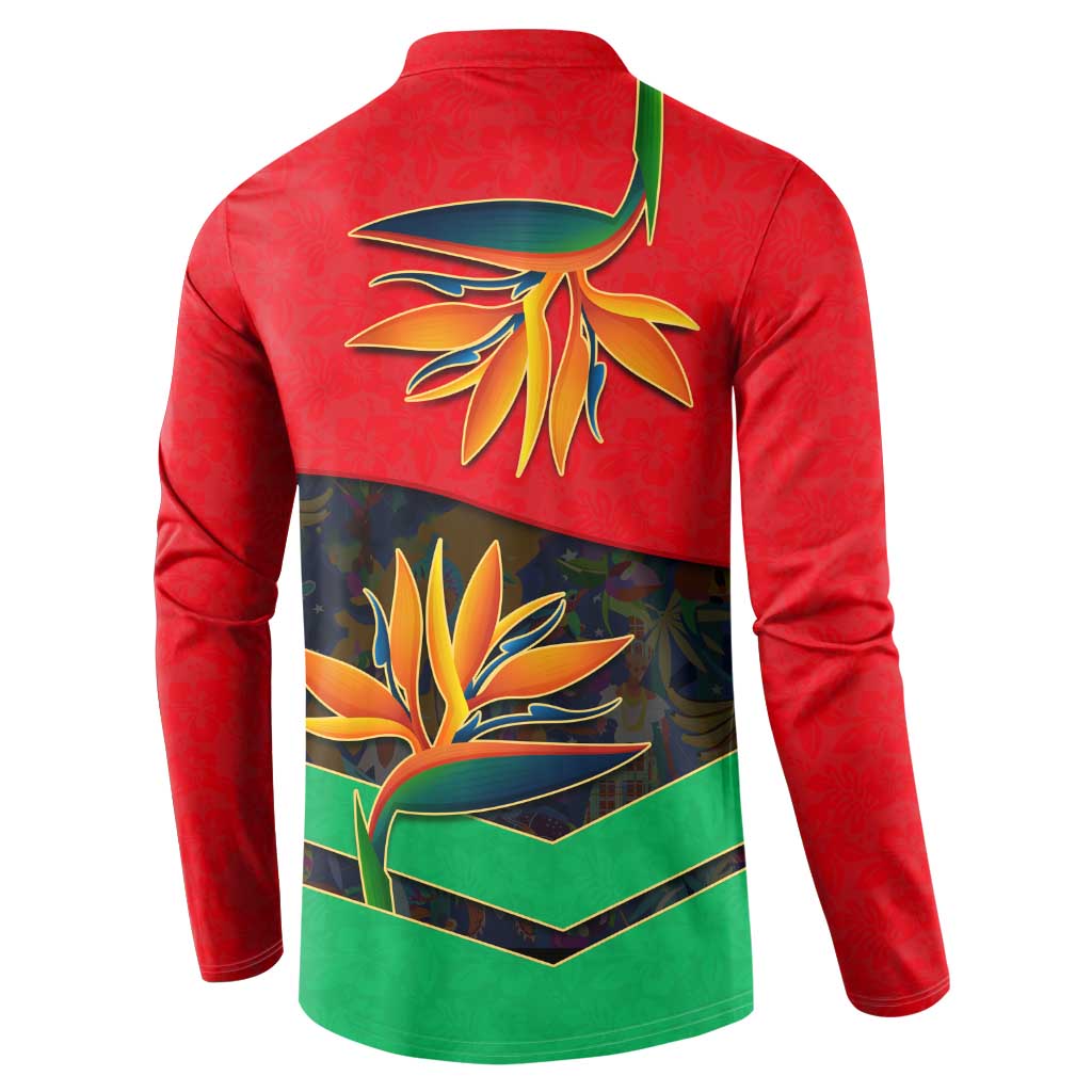 Martinique Pride Button Sweatshirt with Red Green Design and Tropical Bird of Paradise Flower