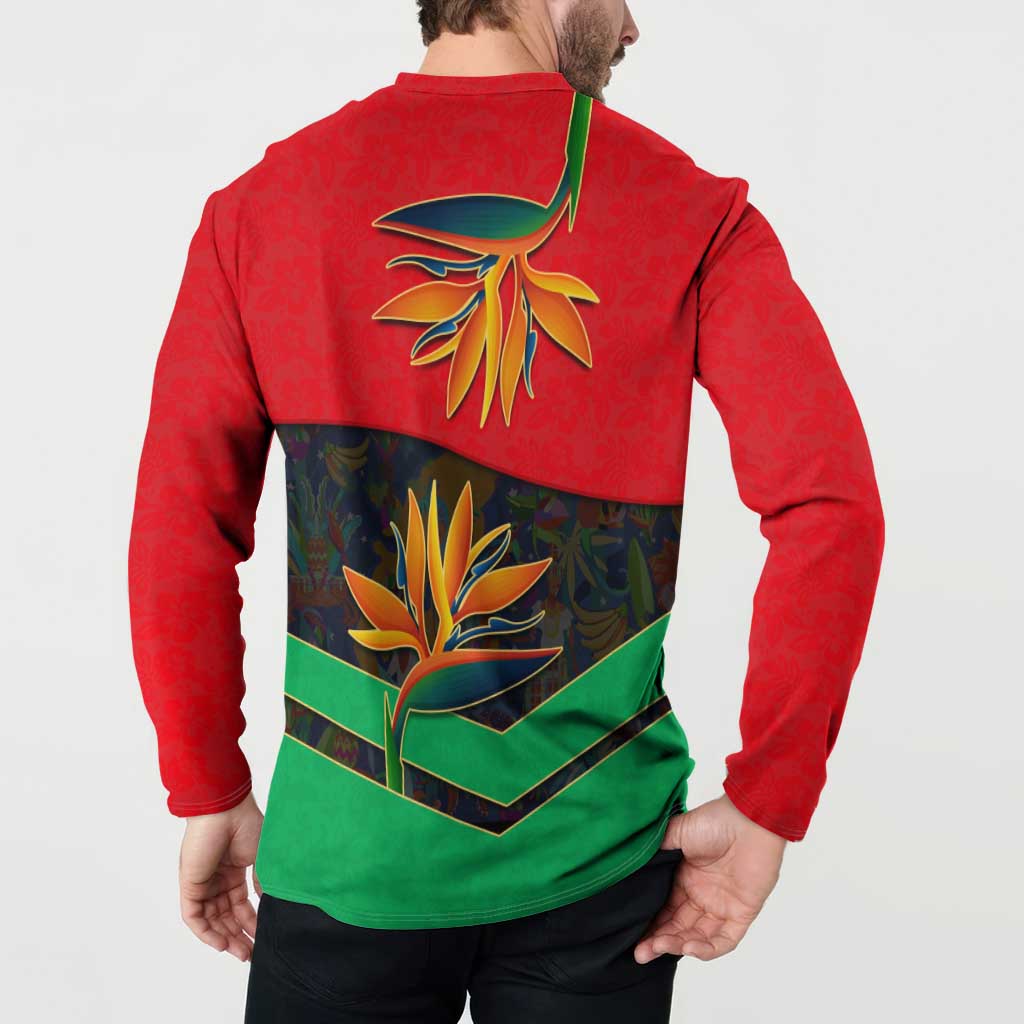 Martinique Pride Button Sweatshirt with Red Green Design and Tropical Bird of Paradise Flower