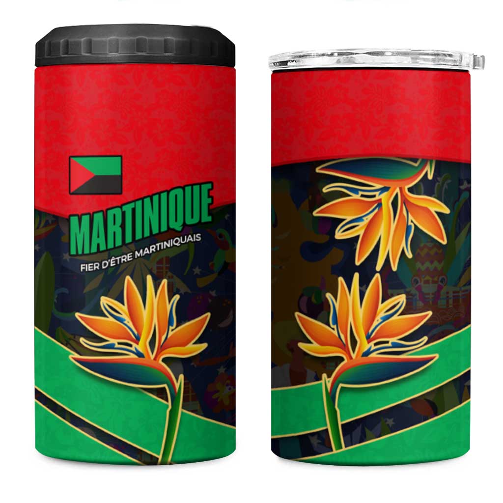 Martinique Pride 4 in 1 Can Cooler Tumbler with Red Green Design and Tropical Bird of Paradise Flower
