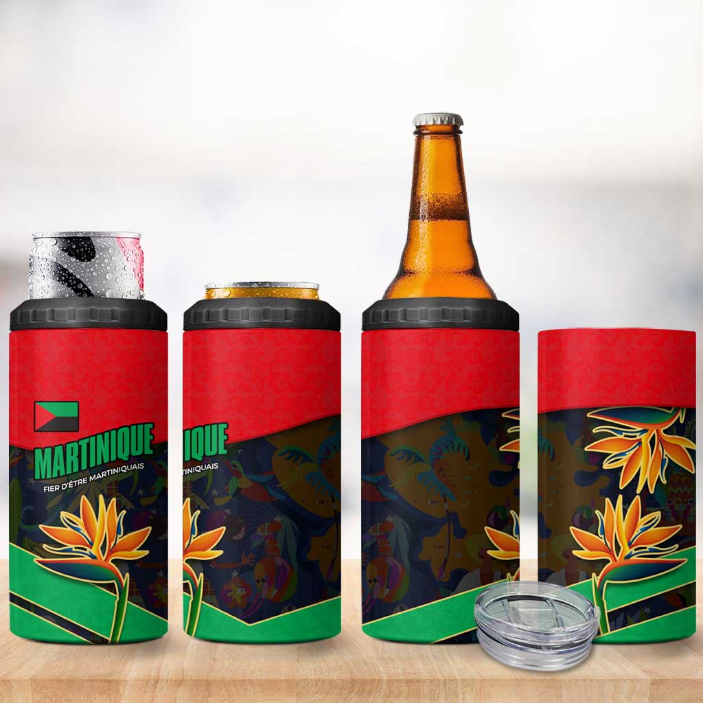 Martinique Pride 4 in 1 Can Cooler Tumbler with Red Green Design and Tropical Bird of Paradise Flower