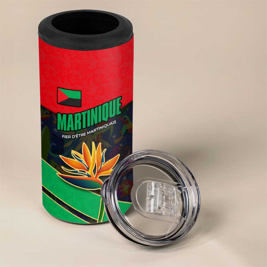 Martinique Pride 4 in 1 Can Cooler Tumbler with Red Green Design and Tropical Bird of Paradise Flower