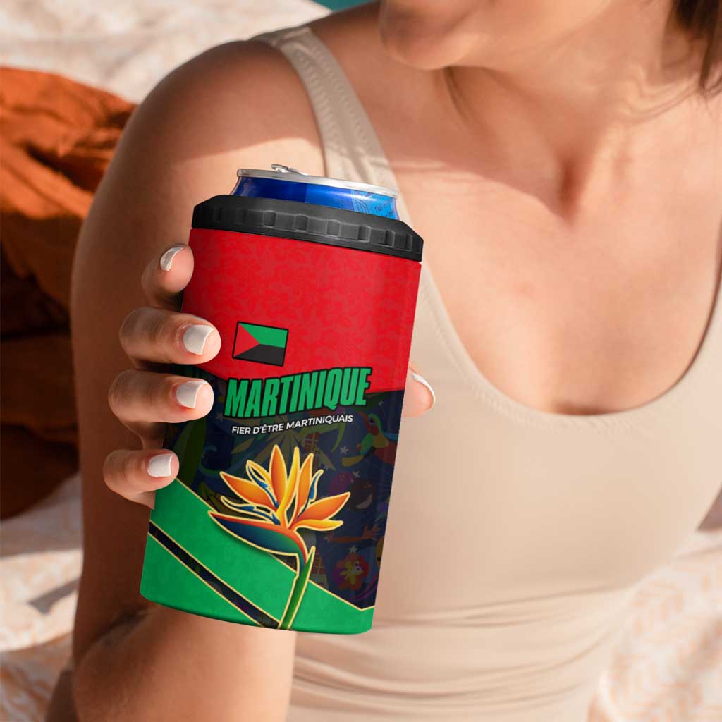 Martinique Pride 4 in 1 Can Cooler Tumbler with Red Green Design and Tropical Bird of Paradise Flower