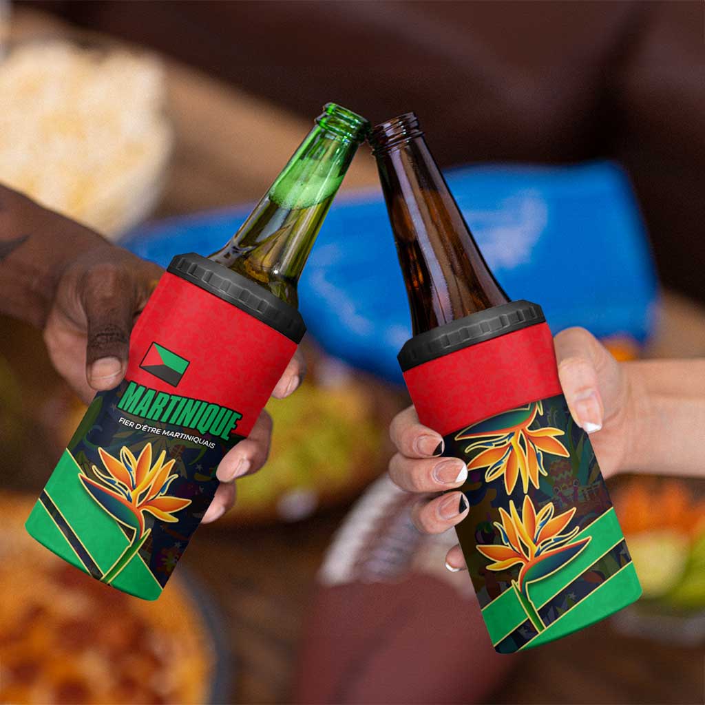 Martinique Pride 4 in 1 Can Cooler Tumbler with Red Green Design and Tropical Bird of Paradise Flower