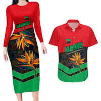 Martinique Pride Couples Matching Long Sleeve Bodycon Dress and Hawaiian Shirt with Red Green Design and Tropical Bird of Paradise Flower